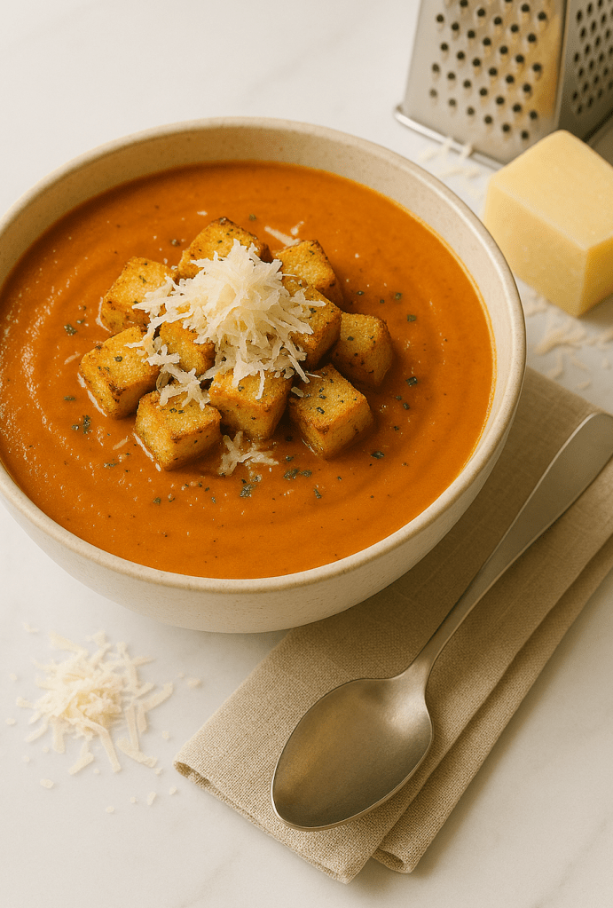 small batch artisanal croutons on tomato bisque